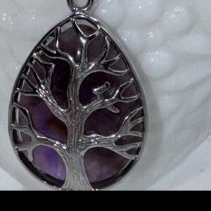 amethyst gemstone necklace 2” pendant silver tone tree of life on 9” cord NEW